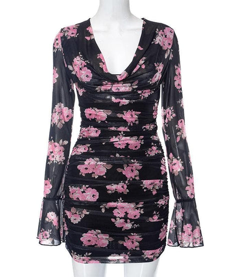Enchanting Fall Floral Mesh Mini Dress | Chic Cowl Neck & Bell Sleeves