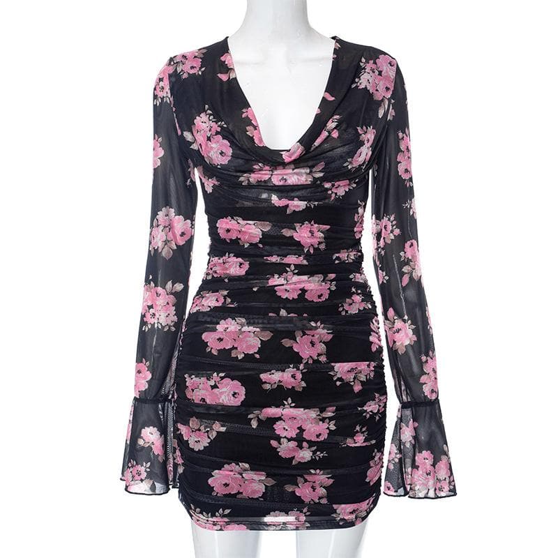 Enchanting Fall Floral Mesh Mini Dress | Chic Cowl Neck & Bell Sleeves