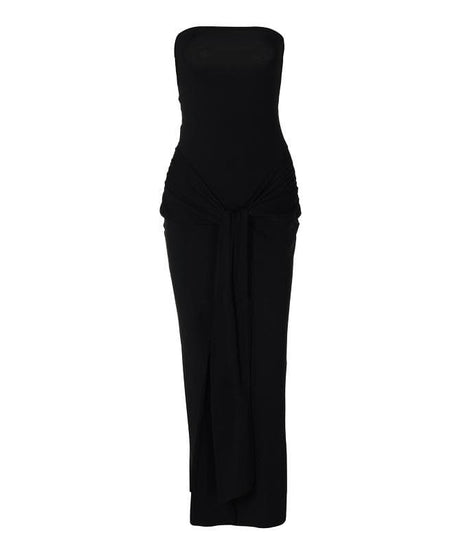 Chic Black Strapless Ruched Knot-Front Maxi Dress | Fall & Holiday Glamour