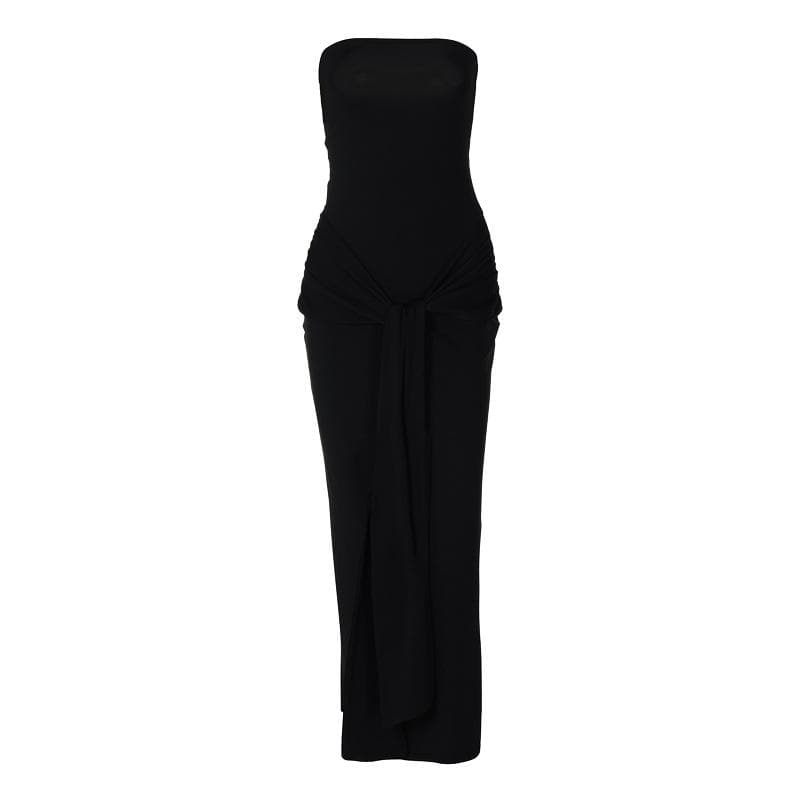 Chic Black Strapless Ruched Knot-Front Maxi Dress | Fall & Holiday Glamour