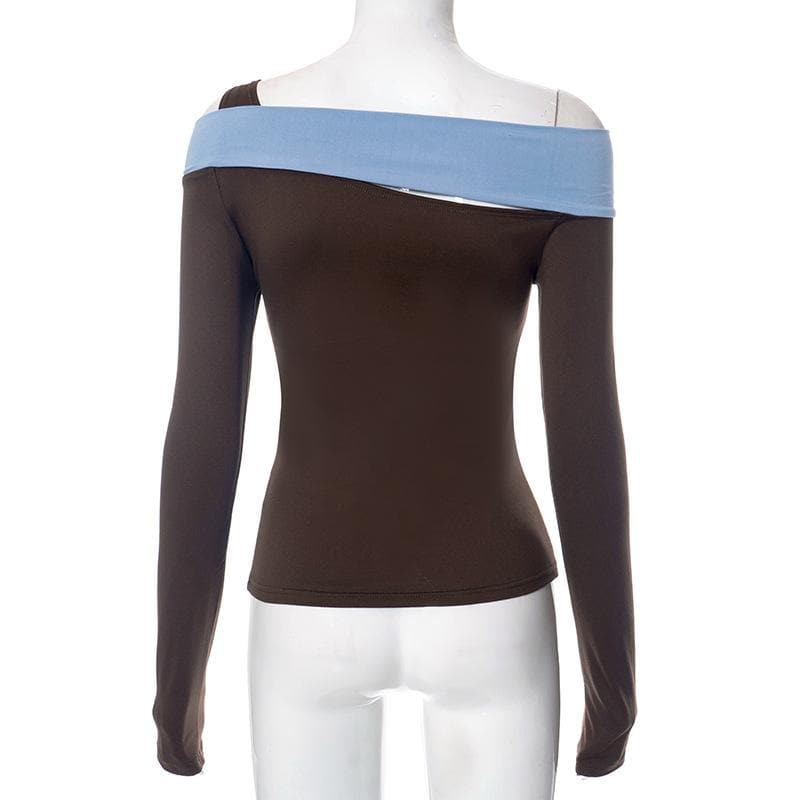 Effortless Chic Asymmetric Off-Shoulder Long Sleeve Top - Trendy Fall Contrast Panel