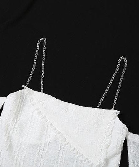 Edgy Glam Chain Strap Off-Shoulder Top with Sheer Floral Arm Warmers - Your Fall Party Statement