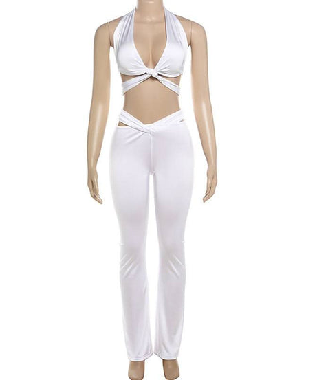 Chic White Twist Halter Crop Top & Flare Pant Set - Holiday Glam & Resort Ready