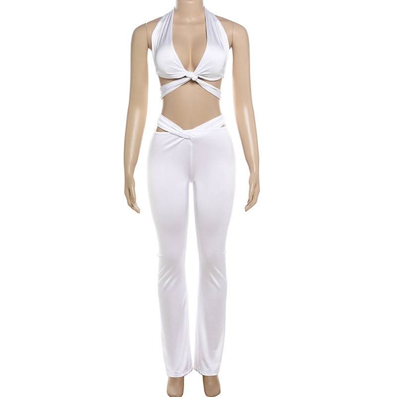 Chic White Twist Halter Crop Top & Flare Pant Set - Holiday Glam & Resort Ready