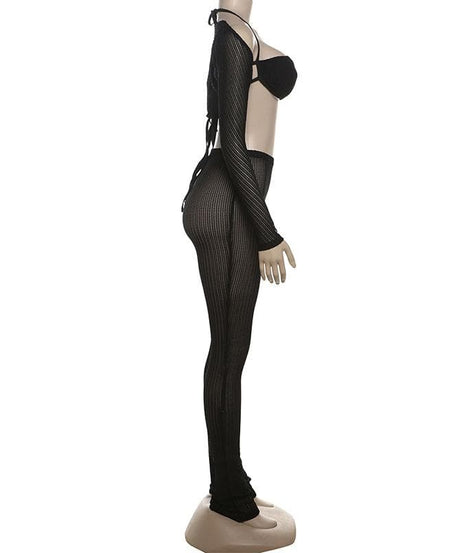 Fall Getaway Essential: Sheer Ribbed Knit Halter Crop Top & High-Waist Leggings Set - Resort & Festival Ready