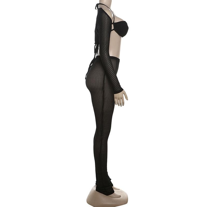 Fall Getaway Essential: Sheer Ribbed Knit Halter Crop Top & High-Waist Leggings Set - Resort & Festival Ready