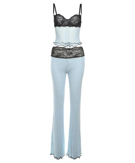 “Sultry Siren” Black Lace Mesh Sweetheart Cami & Flare Pant Set | Halloween & Fall Nights
