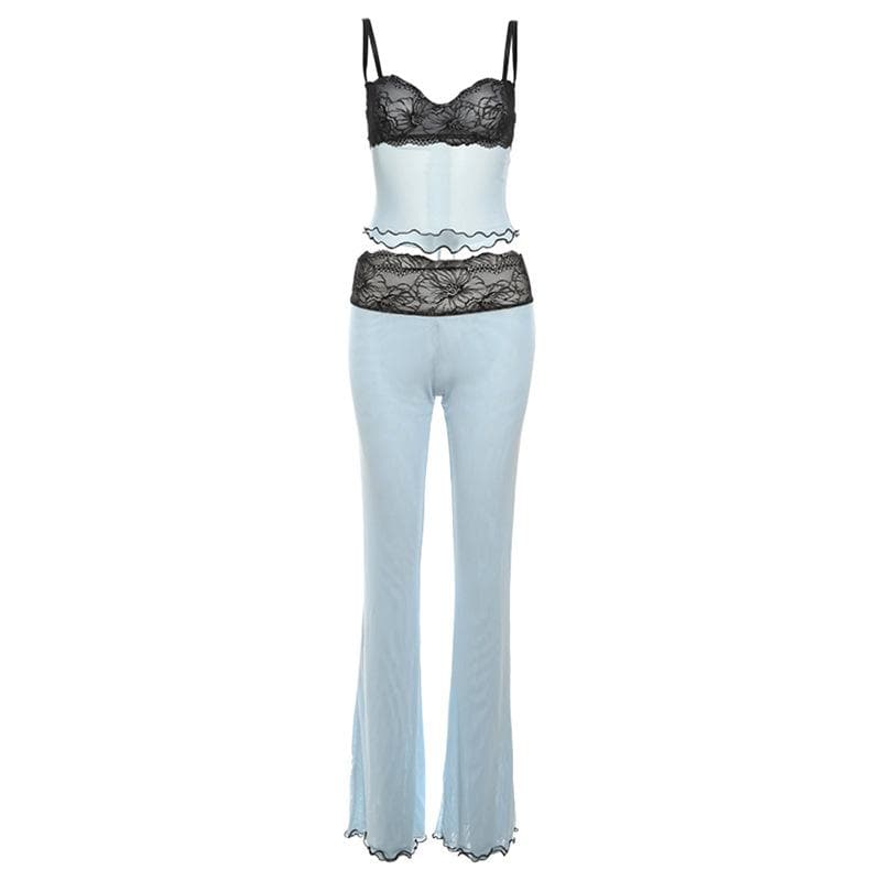 “Sultry Siren” Black Lace Mesh Sweetheart Cami & Flare Pant Set | Halloween & Fall Nights