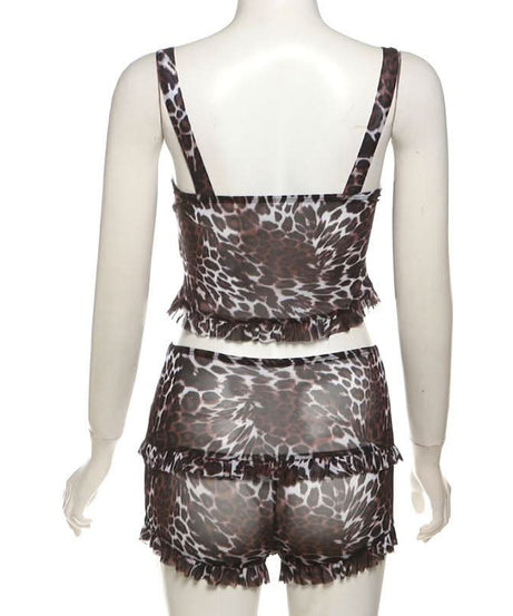Wild Instincts Leopard Mesh Cami & Ruffle Shorts Set - Fierce Fall Loungewear