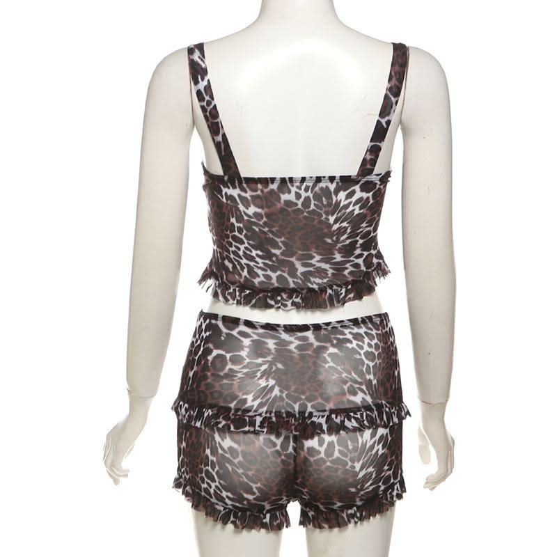 Wild Instincts Leopard Mesh Cami & Ruffle Shorts Set - Fierce Fall Loungewear