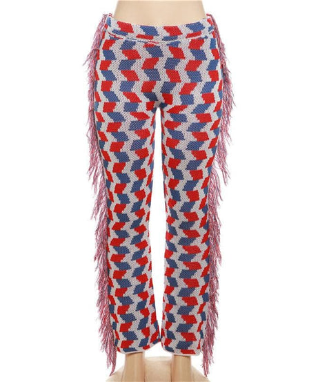 Vibrant Geo-Knit Fringe Flare Pants – Your Ultimate Fall Statement