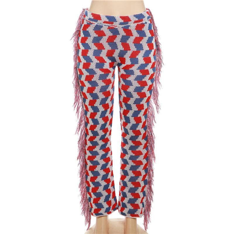 Vibrant Geo-Knit Fringe Flare Pants – Your Ultimate Fall Statement