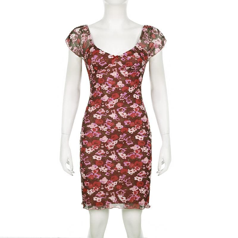 Flirty Fall Floral Mesh Mini Dress - Y2K Sweetheart Cap Sleeve Bodycon