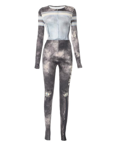 Fall Edgy Cloud Print Matching Set - Women's Zip-Up Top & Leggings with Money Patches