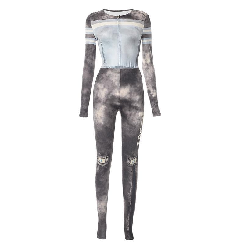 Fall Edgy Cloud Print Matching Set - Women's Zip-Up Top & Leggings with Money Patches