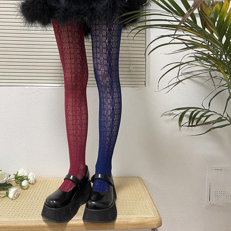 Spooky Chic Contrast Hollow-Out Tights: Asymmetrical Fall Fashion Statement