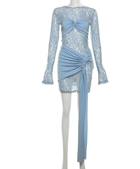 Alluring Lace & Ruched Mini Dress with Statement Tie - Fall & Holiday Party Perfect