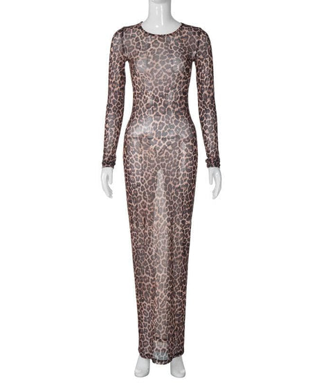 Fierce Leopard Print Sheer Maxi Dress - Long Sleeve Mesh for Fall & Holiday Glam