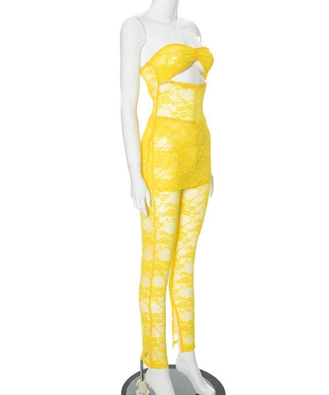 Vibrant Yellow Lace Cut-Out Tube Top & Leggings Set – Your Ultimate Halloween & Party Statement