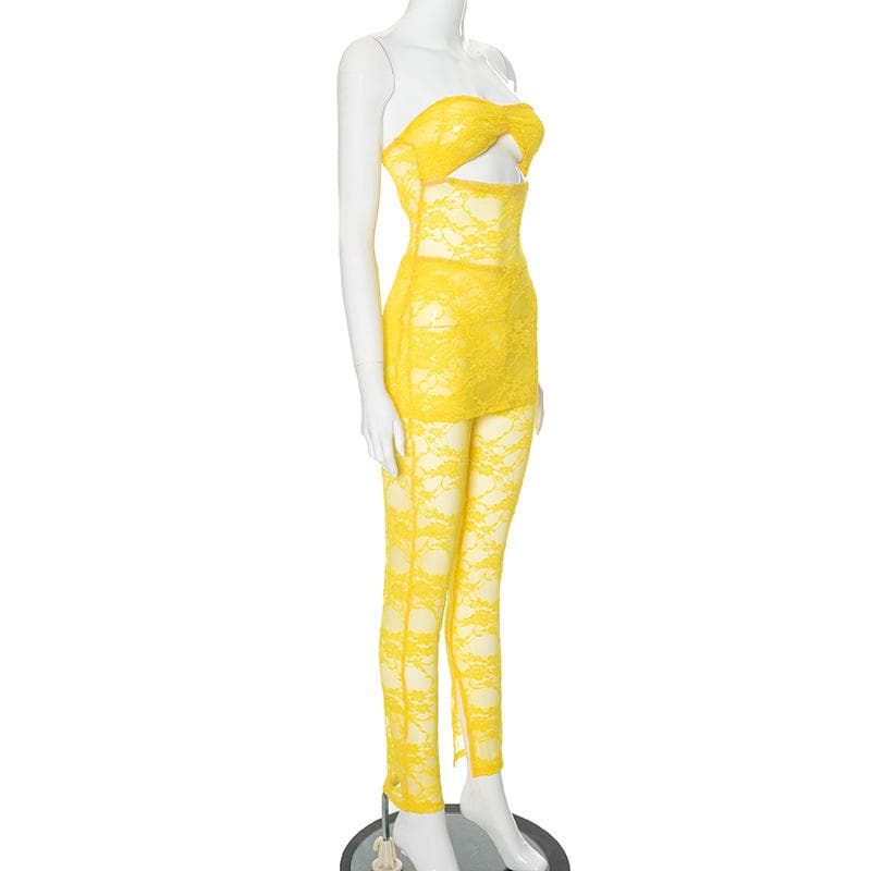 Vibrant Yellow Lace Cut-Out Tube Top & Leggings Set – Your Ultimate Halloween & Party Statement