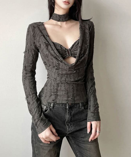 Edgy Distressed Cowl Neck Long Sleeve Top & Choker Set - Grunge & Y2K Fall Fashion for Women