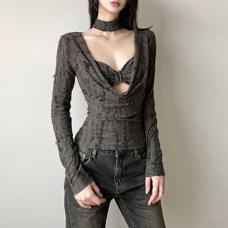 Edgy Distressed Cowl Neck Long Sleeve Top & Choker Set - Grunge & Y2K Fall Fashion for Women