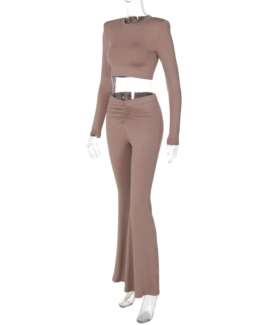 Cozy Fall Chic: Women's Ruched Flare Pant & Long Sleeve Crop Top Set - Mocha Brown Loungewear