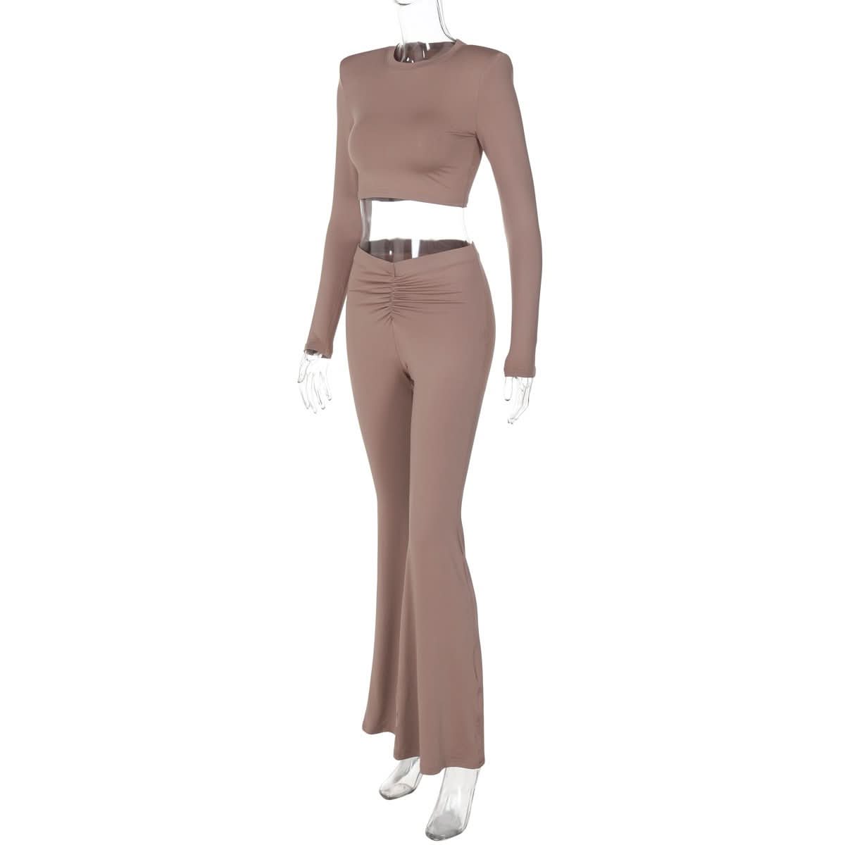 Cozy Fall Chic: Women's Ruched Flare Pant & Long Sleeve Crop Top Set - Mocha Brown Loungewear