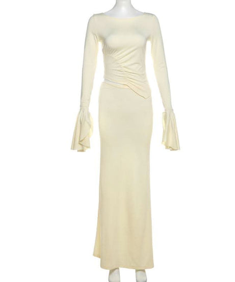 Chic Ivory Ruched Maxi Dress with Flared Bell Sleeves - Your Fall & Holiday Event Essential
