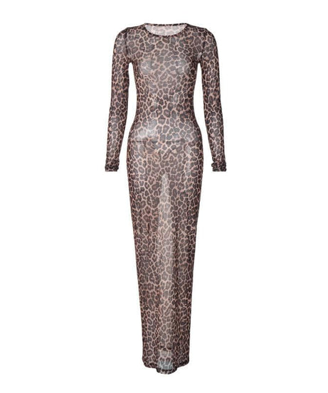 Fierce Leopard Print Sheer Maxi Dress - Long Sleeve Mesh for Fall & Holiday Glam