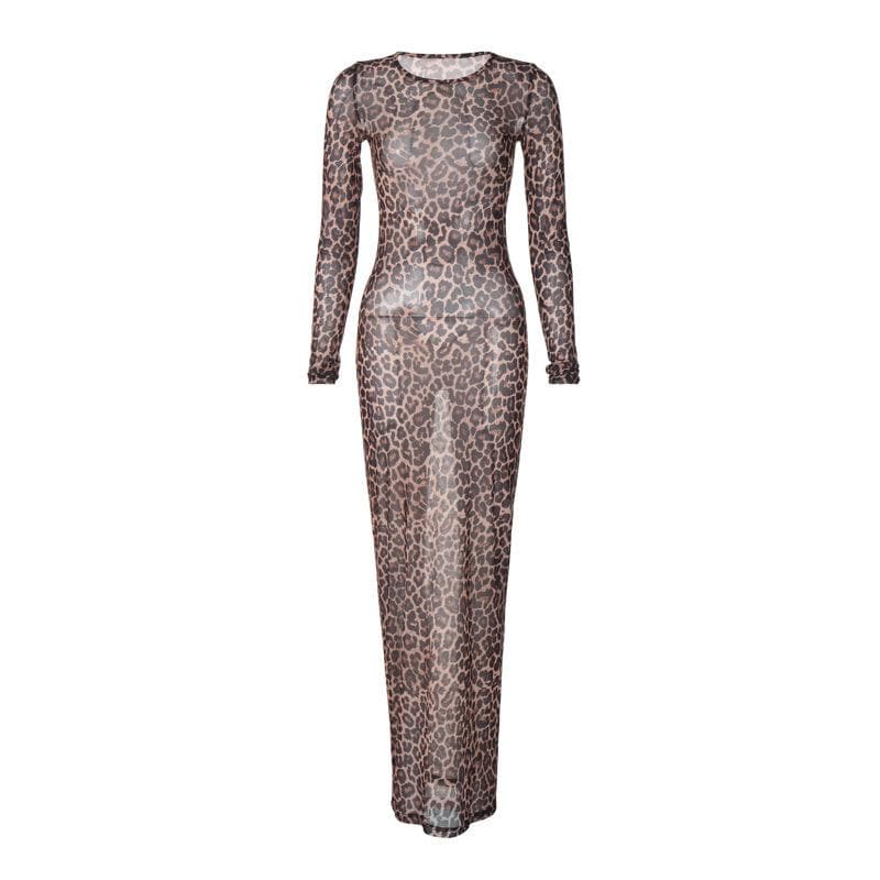 Fierce Leopard Print Sheer Maxi Dress - Long Sleeve Mesh for Fall & Holiday Glam