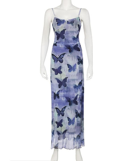 Dreamy Periwinkle Butterfly Mesh Maxi Dress with Lace Trim - Effortless Fall Style