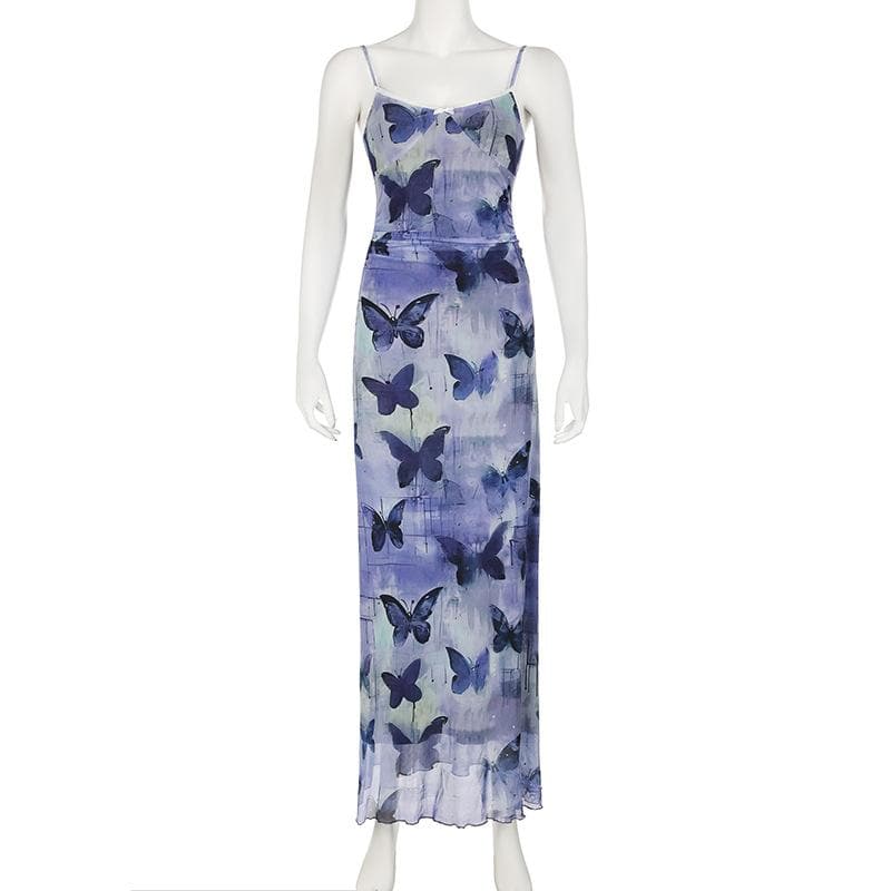 Dreamy Periwinkle Butterfly Mesh Maxi Dress with Lace Trim - Effortless Fall Style