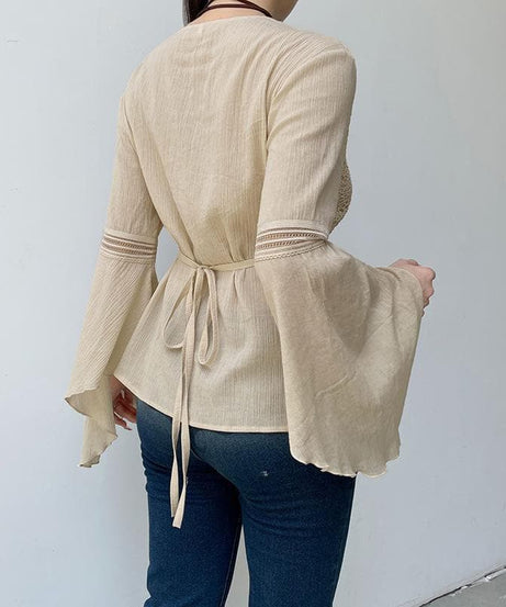 Autumn Bohemian Lace V-Neck Bell Sleeve Top | 100% Cotton Tie-Front Blouse