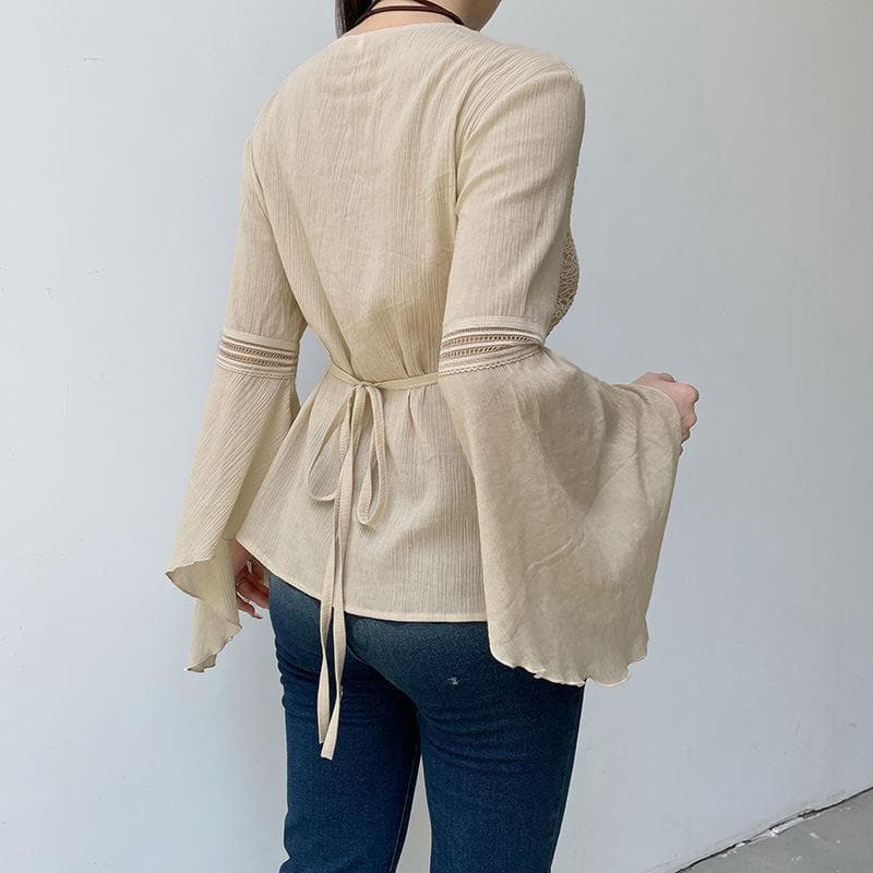 Autumn Bohemian Lace V-Neck Bell Sleeve Top | 100% Cotton Tie-Front Blouse