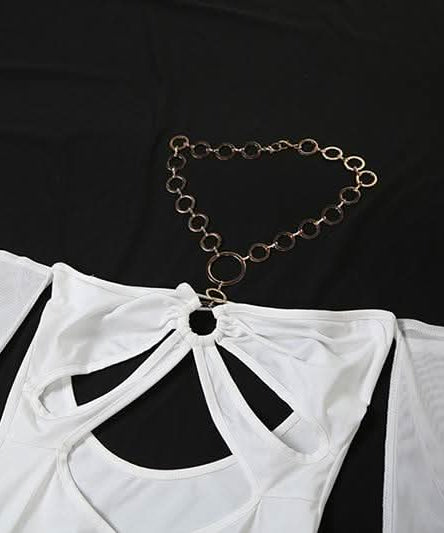 The Ultimate Statement: White O-Ring Cut-Out Maxi Dress with Elegant Long Sleeves – Holiday Galas & NYE Ready