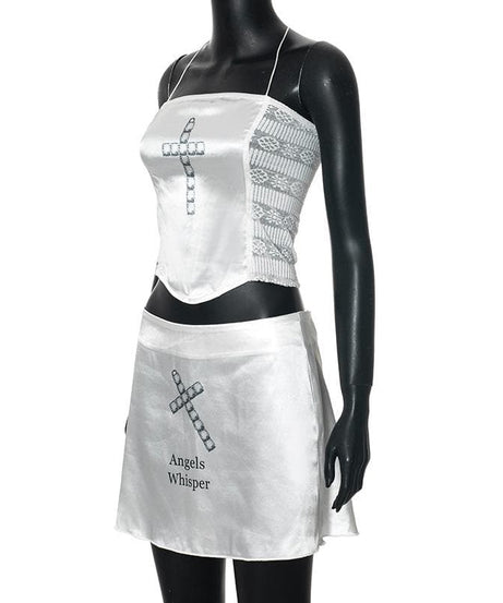 Angels Whisper Y2K Ethereal Halter Crop Top & Mini Skirt Set - Perfect for Fall Parties & Halloween