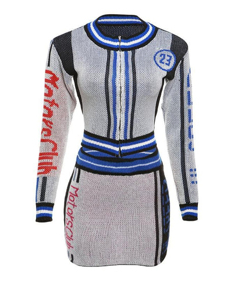 Motors Club Knit Mini Skirt Set: Sporty Chic Zip-Up Top & Bodycon Skirt – Fall Fashion Must-Have!