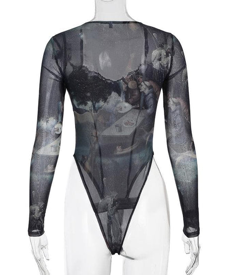 Dark Academia Renaissance Art Print Mesh Bodysuit - Long Sleeve Square Neck Top