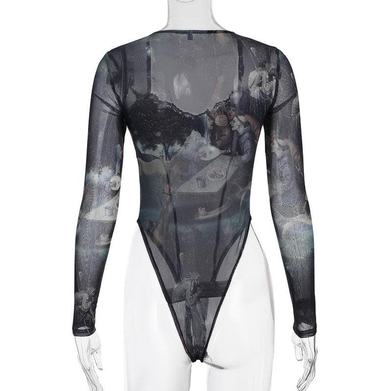 Dark Academia Renaissance Art Print Mesh Bodysuit - Long Sleeve Square Neck Top