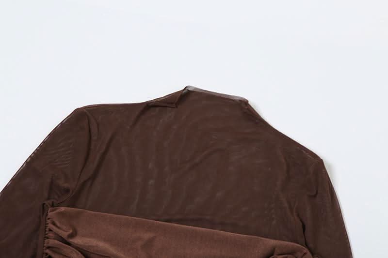 Bronze Siren: Sheer Mesh Ruched Mini Dress with Built-in Gloves - Fall & Holiday Party Ready