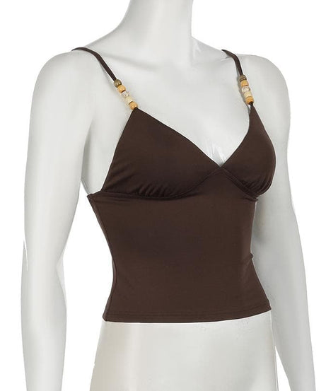 Fall Chic Espresso Cami Top: Pearl & Wood Beaded V-Neck Cropped Tank