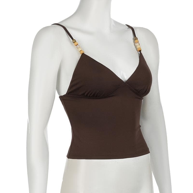 Fall Chic Espresso Cami Top: Pearl & Wood Beaded V-Neck Cropped Tank