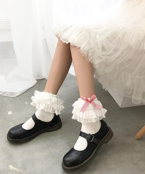 Sweet Gingham Bow Ruffled Lace Ankle Socks | Vintage-Inspired Fall Charm
