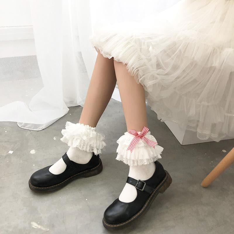 Sweet Gingham Bow Ruffled Lace Ankle Socks | Vintage-Inspired Fall Charm