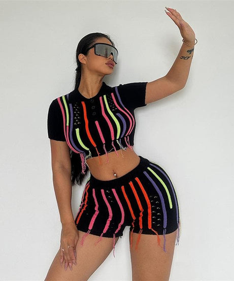 Vibrant Neon Stripe Knit Crop Top & Shorts Set | Fall Party & Getaway Ready