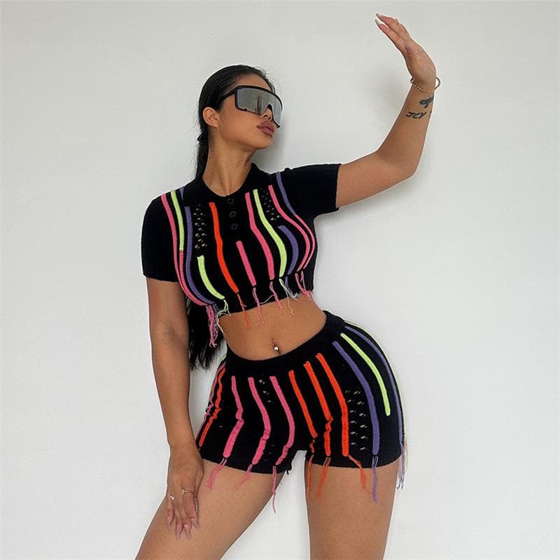 Vibrant Neon Stripe Knit Crop Top & Shorts Set | Fall Party & Getaway Ready