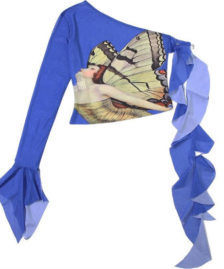 Enchanting Butterfly Art One-Shoulder Mesh Top - Flared Sleeve Y2K Style for Fall