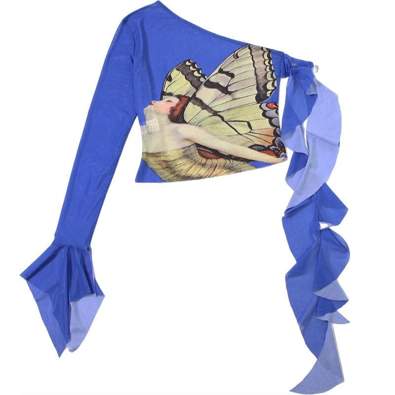 Enchanting Butterfly Art One-Shoulder Mesh Top - Flared Sleeve Y2K Style for Fall