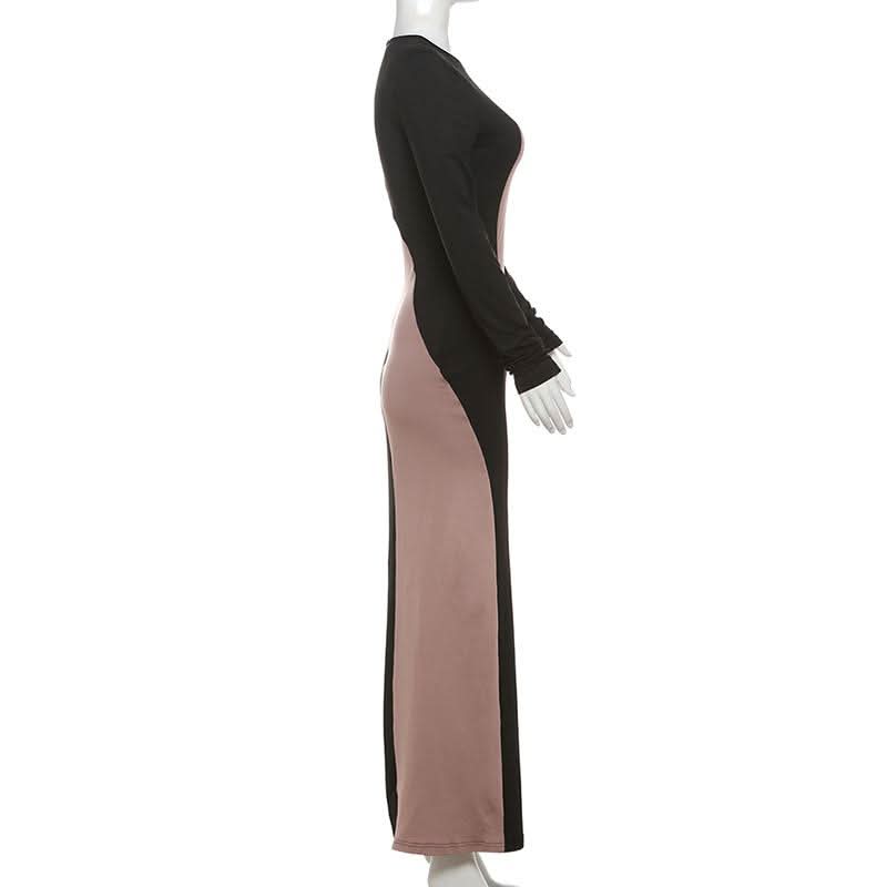 Elegant Two-Tone Wavy Maxi Dress - Figure-Flattering Long Sleeve for Fall & Holiday